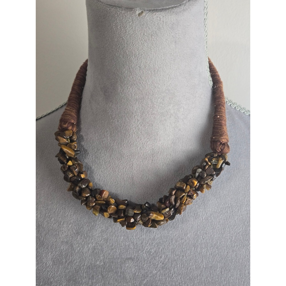 Tiger's Eye Chip Statement Necklace Brown Thread Wrapped Cord Boho 18"